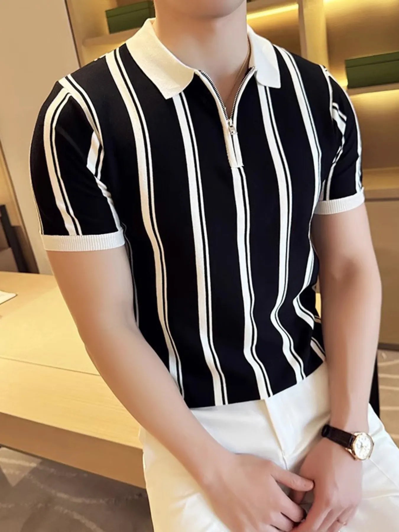 Men's Full Size Classic Striped Zip Collar Polo Shirt Plus Size