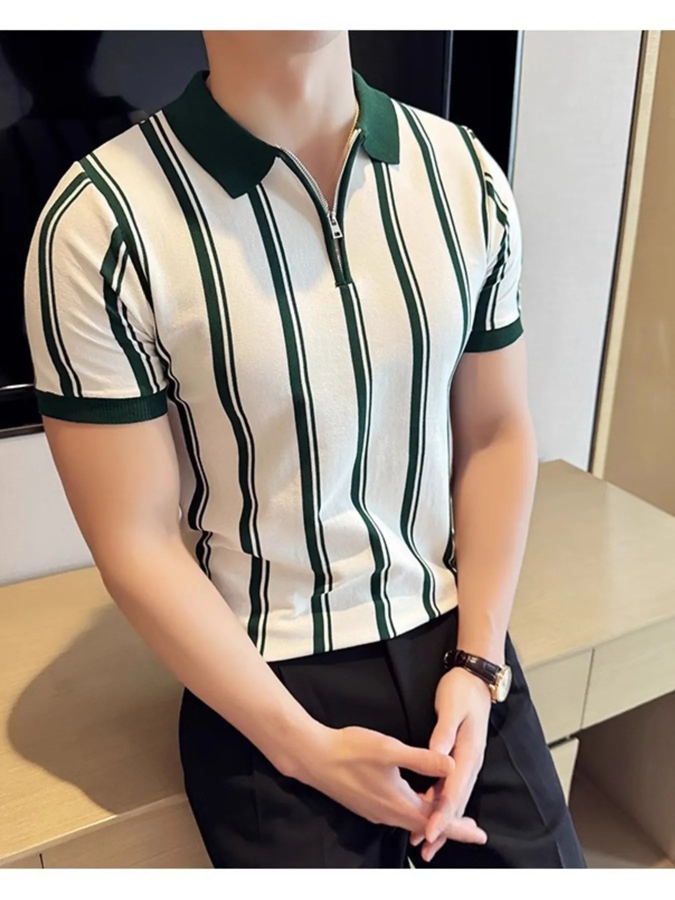 Men's Full Size Classic Striped Zip Collar Polo Shirt Plus Size