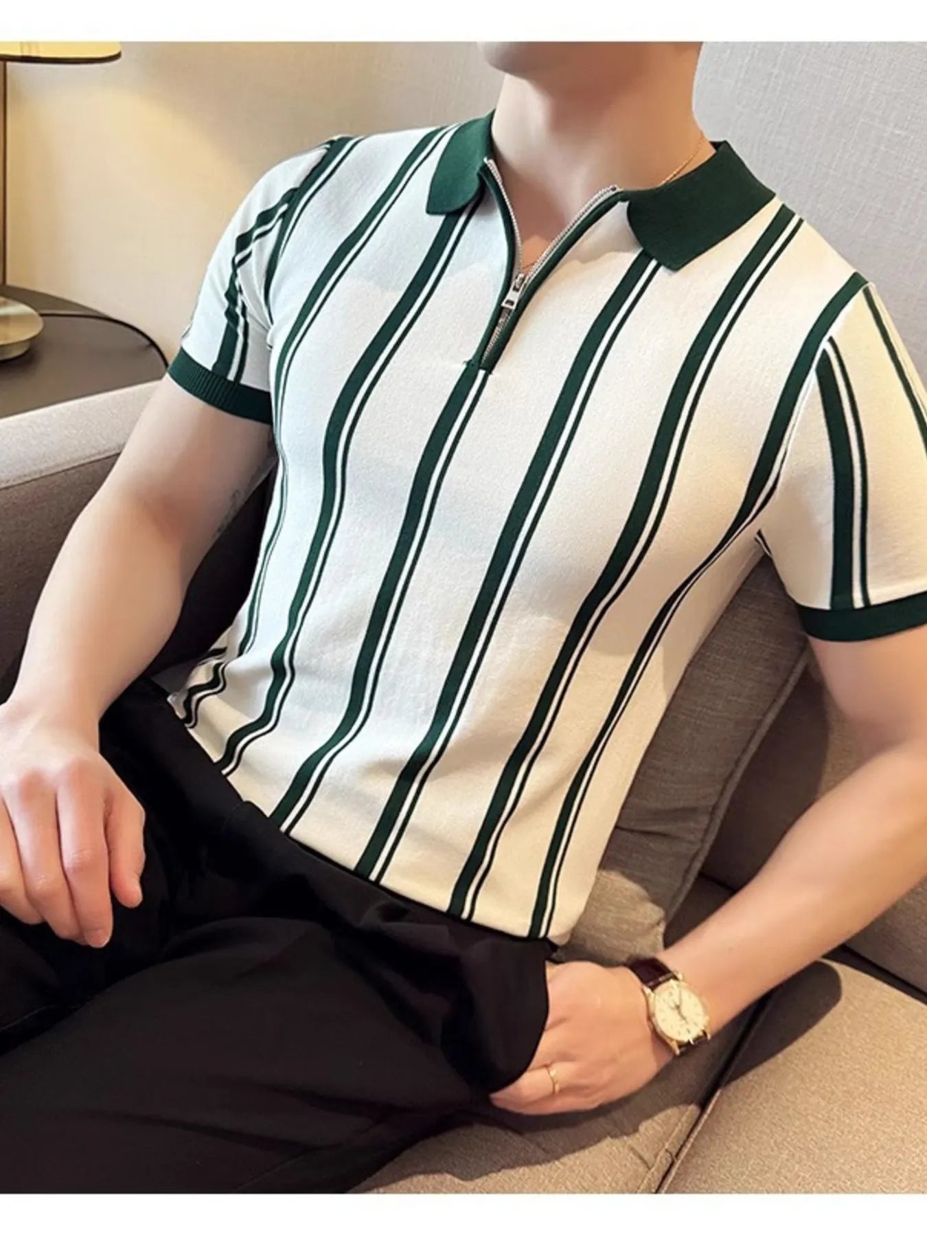 Men's Full Size Classic Striped Zip Collar Polo Shirt Plus Size
