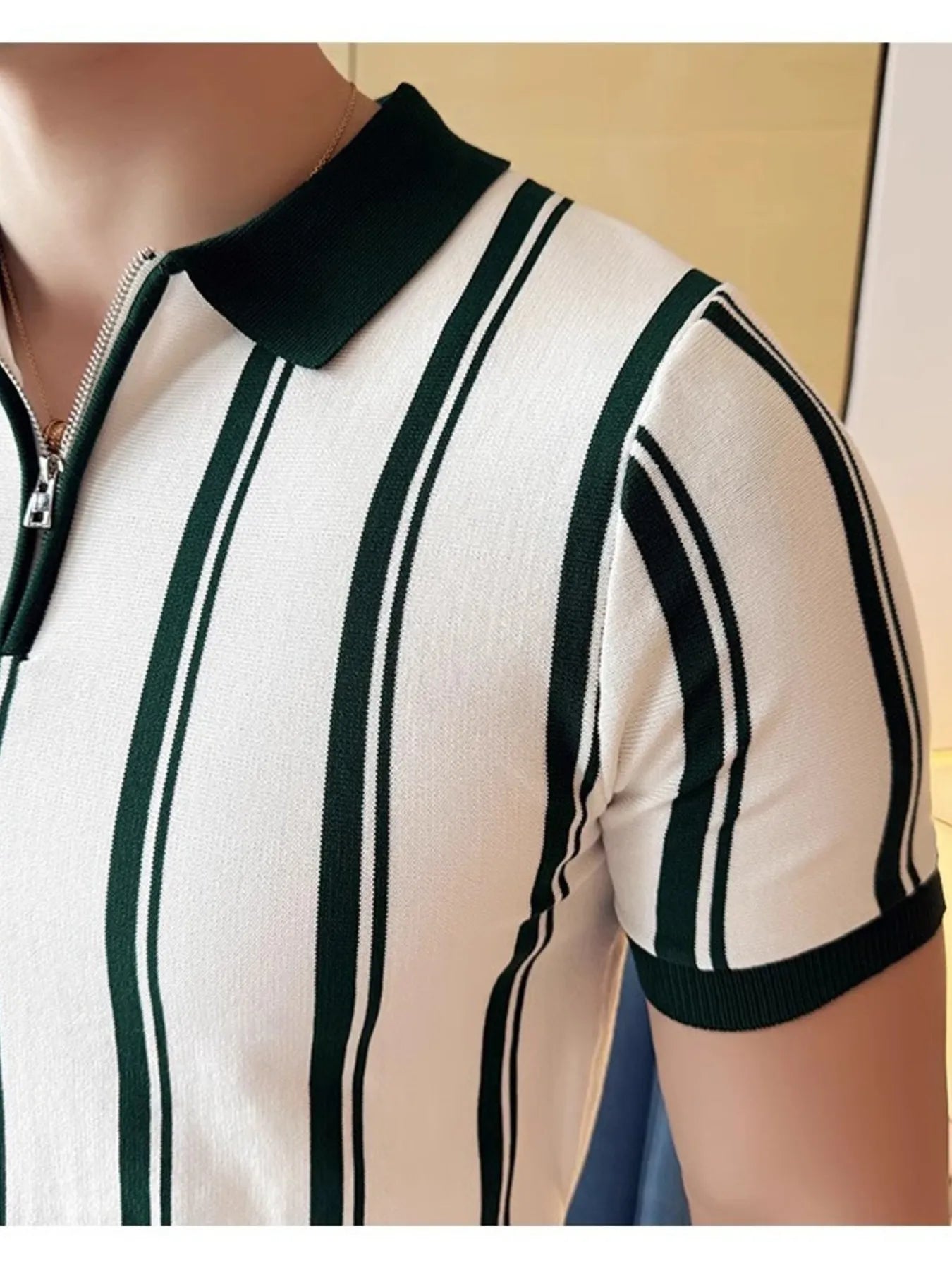 Men's Full Size Classic Striped Zip Collar Polo Shirt Plus Size