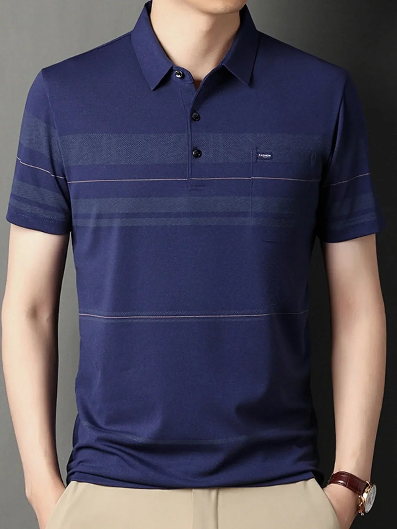 Men's Plus Size Classic Striped Business Casual Polo Shirt