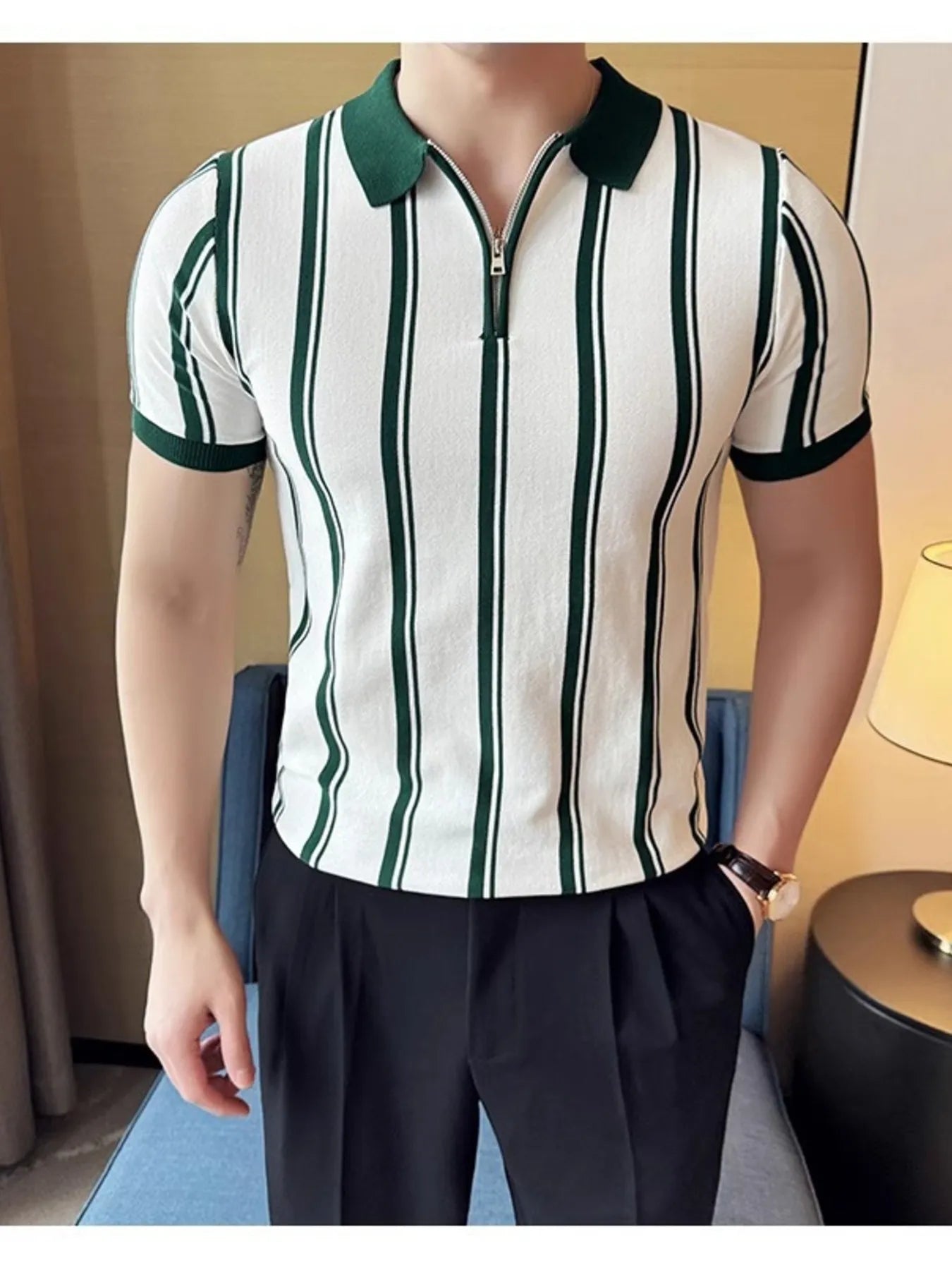 Men's Full Size Classic Striped Zip Collar Polo Shirt Plus Size