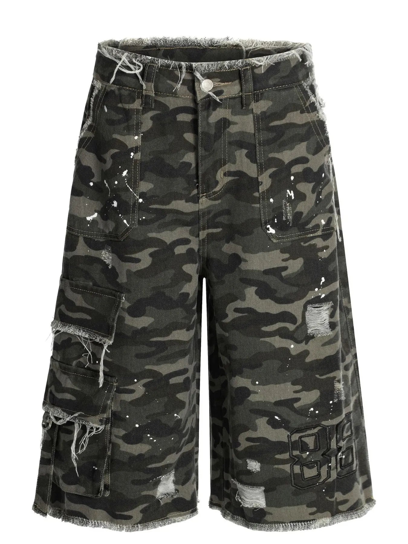 Men's Distressed Camo Print Cargo Denim Shorts