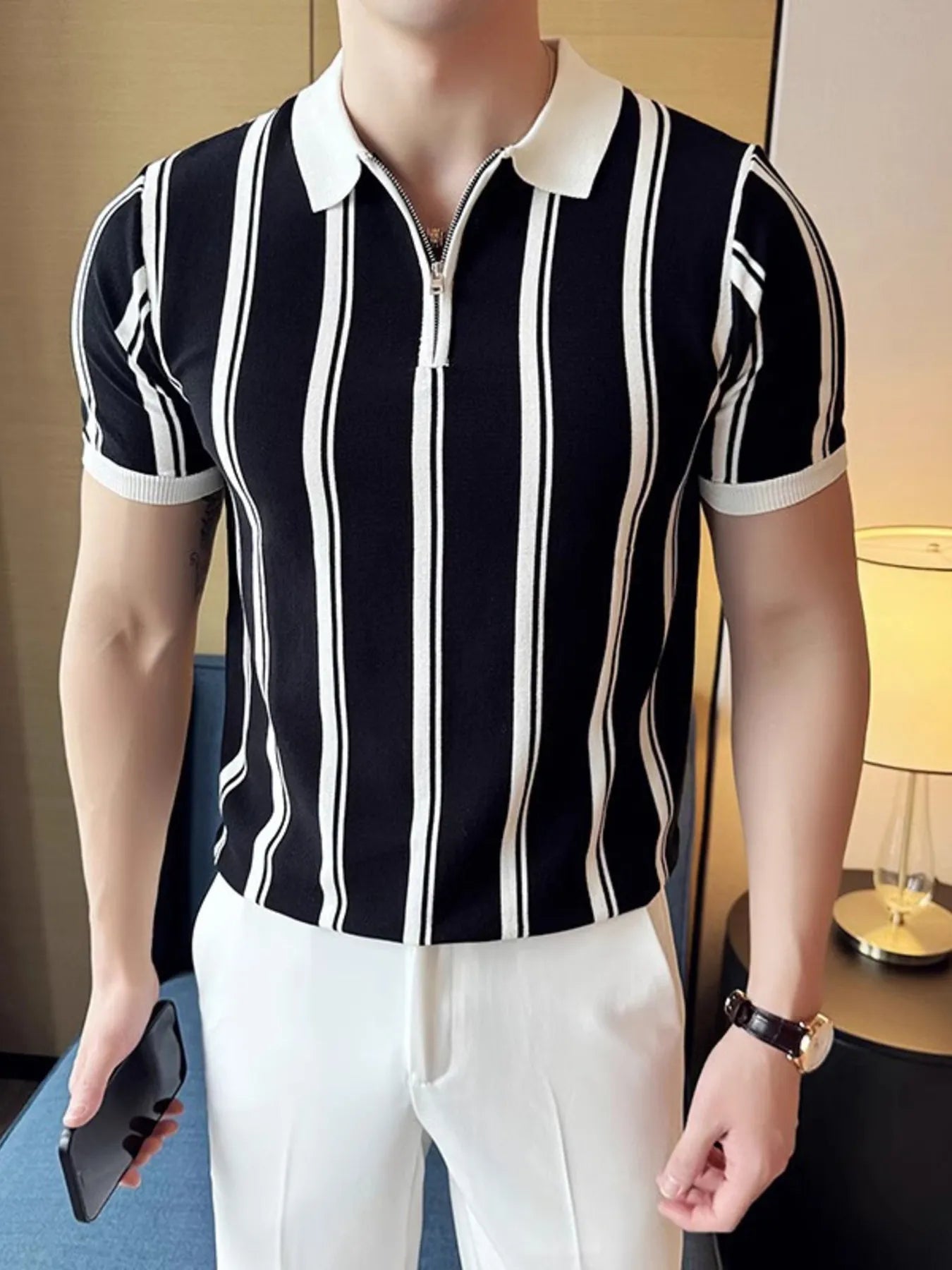 Men's Full Size Classic Striped Zip Collar Polo Shirt Plus Size